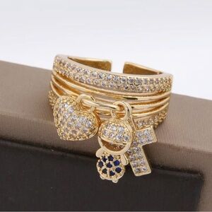 14k Gold Charm Ring with Heart, Boy and Cross Accents Adjustable size
